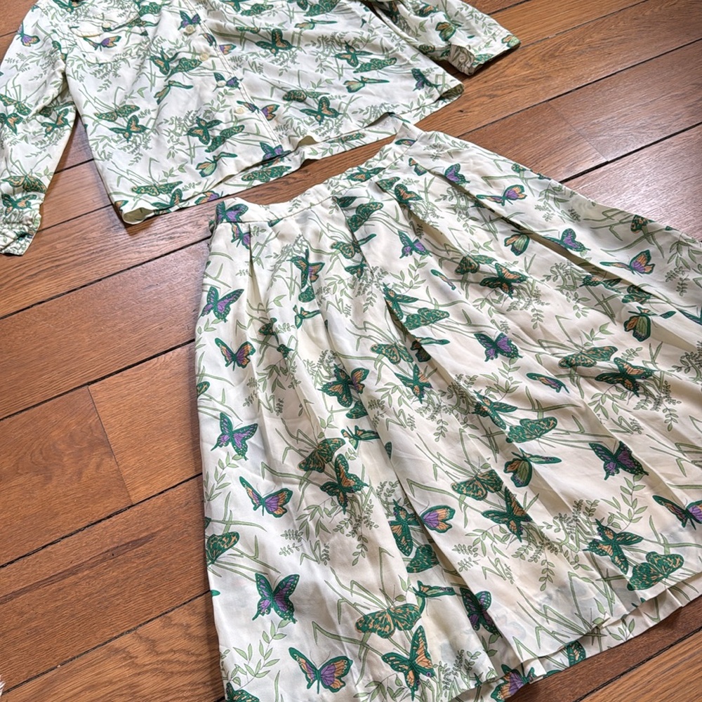 Vintage 2 Piece Butterfly Print Skirt Blouse Dress Button Up Size 6 Novelty - Picture 8 of 9